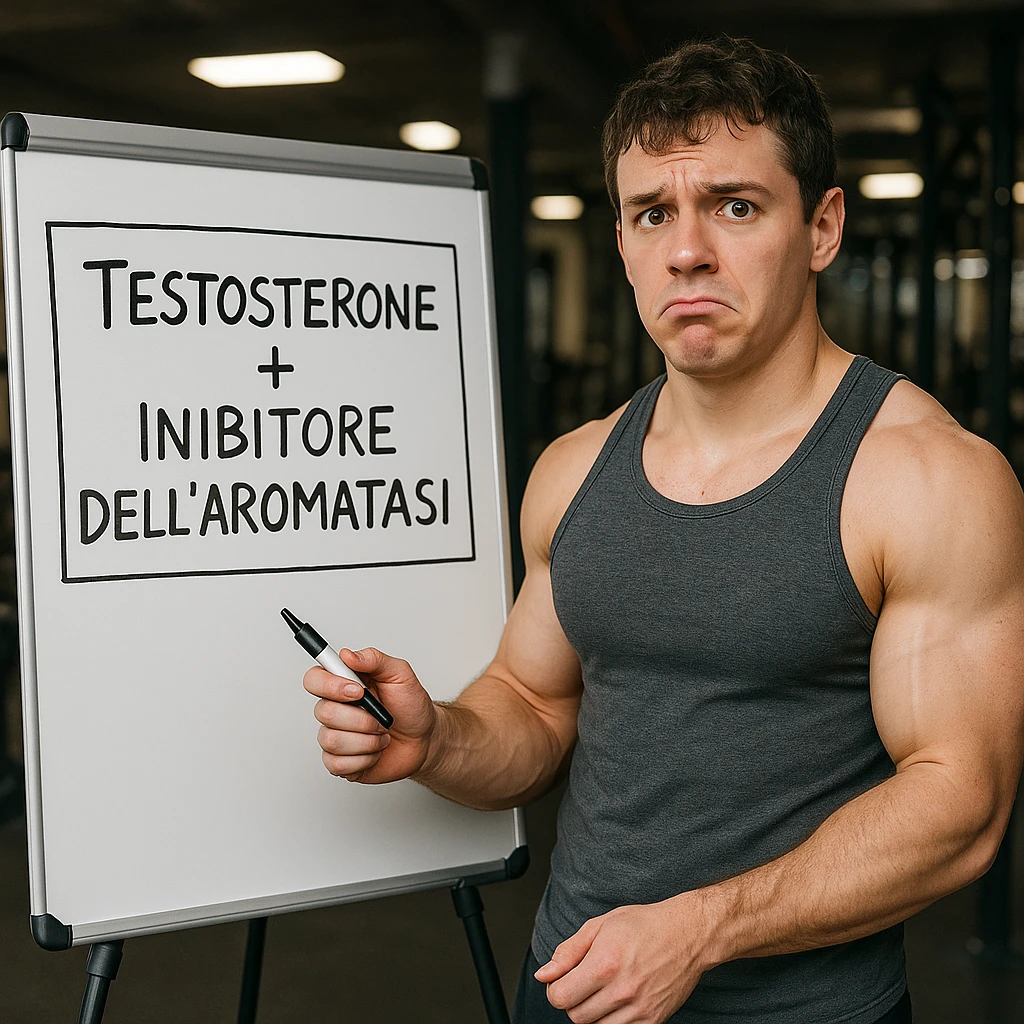 inexperienced bodybuilder in front of whiteboard with cycle scheme 'Testosterone + Inibitore dell'aromatasi' written in Italian, holding pen, puzzled look, growing muscles, gym background, 4K quality emoji