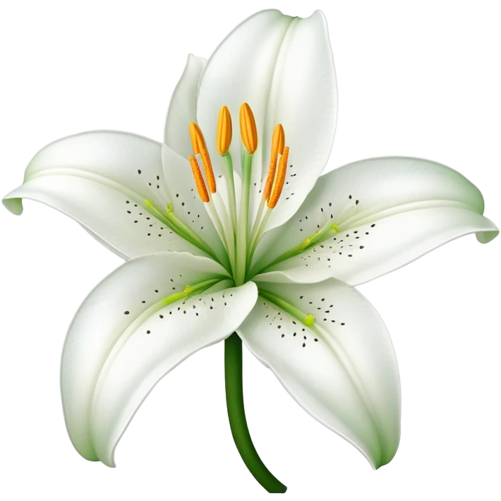 Botanically accurate white lily flower with exactly six petals, six stamens, and green stem emoji