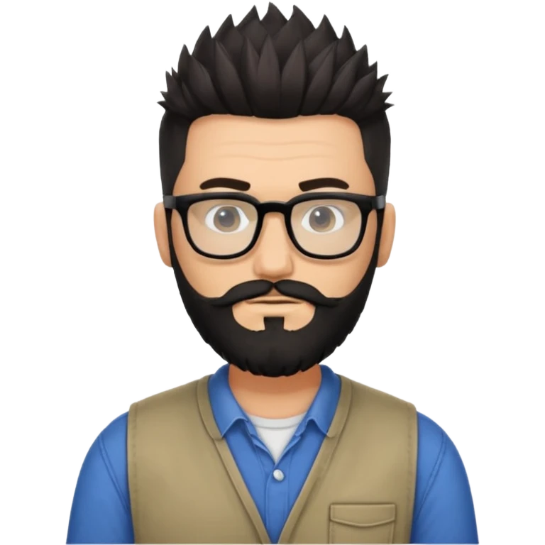 یه پسر سفید پوست با ریش مشکی و مدل موی جذاب که موهاش رو به بالاهست و عینک زده مدل موهاش اسپایکی باشه و لباسش هم رسمی نباشه emoji