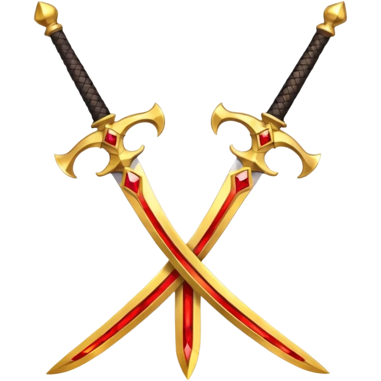 Two crossed swords that are golden in blade and handle and have fiery and royal appearence to them as well as red gem stones yellow in color emoji