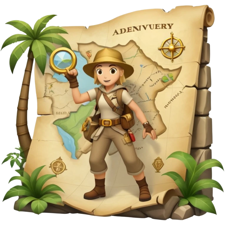 An icon featuring an adventurer in a dynamic action pose with treasure map, ancient ruins and jungle landscapes in the background. The design includes clues, hidden passages and climbing gear, symbolizing the thrill of exploration and discovery. Transparent background. emoji
