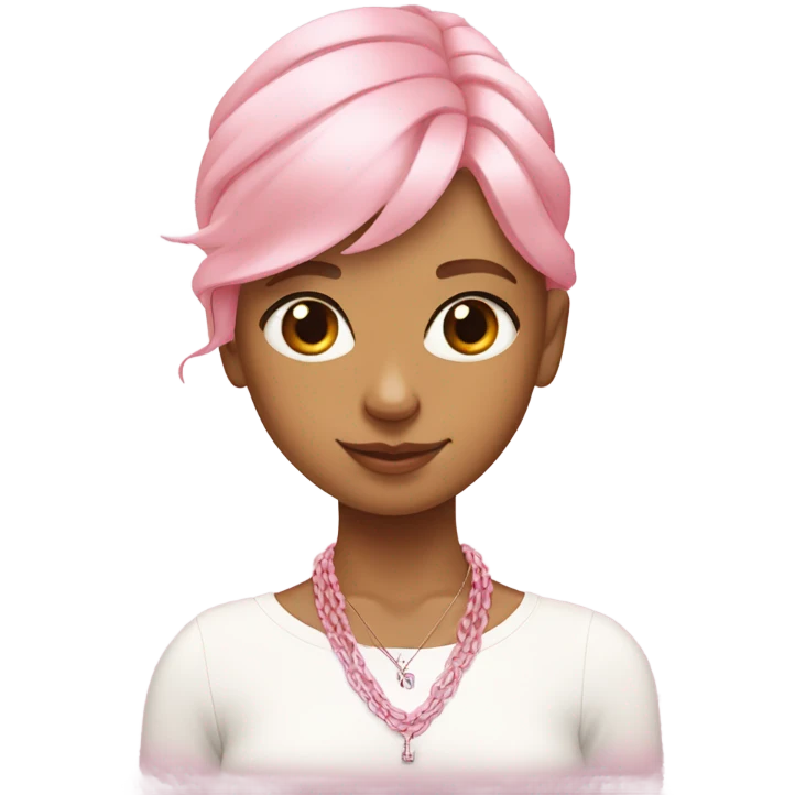 A girl wearing a Hermes necklace with a light pink ribbon and a strand of pink hair on the front  emoji