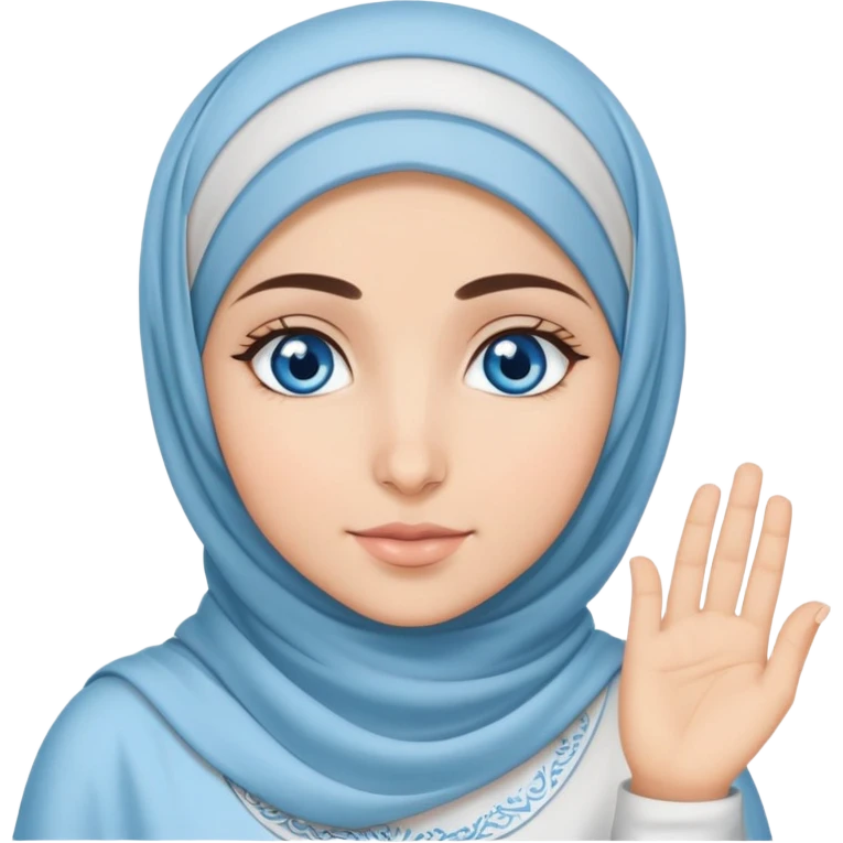 Turkish beautiful finish Konya girl blue eyes with cloudy hijab islamic dress and had on her hand text Eid Mubarak  emoji