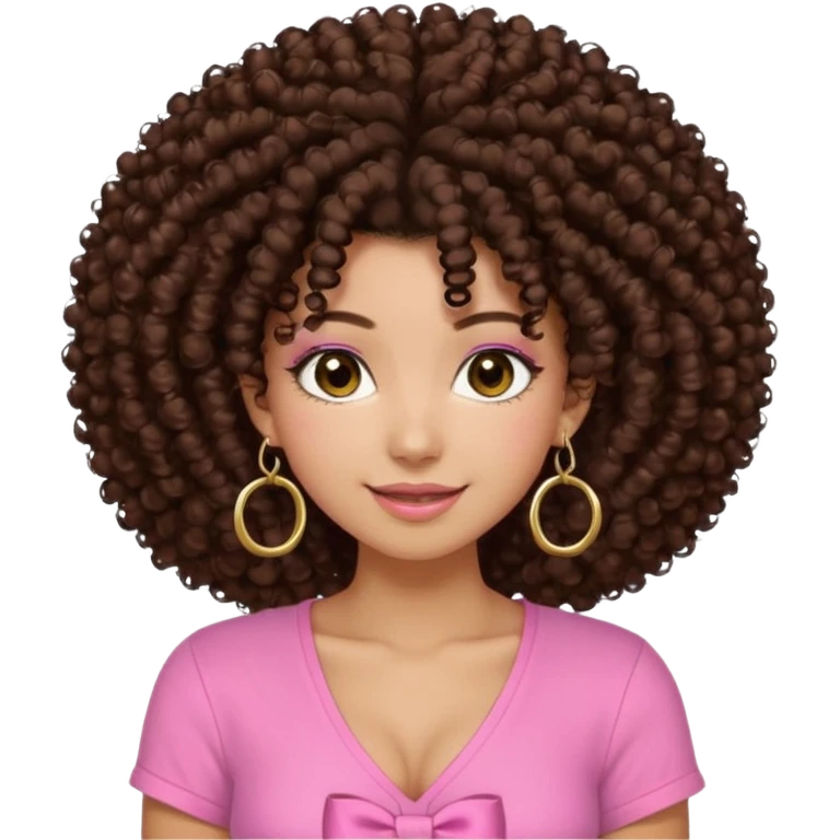 Naturally tan skin girl short darkBrown curly afropink shirt very long lashes hoop gold earrings Brown eyes gyaru smiling closed mouth cute bow hairclip small on the side. V neck pink shirt. Teenager bow on shirt, cleavage emoji