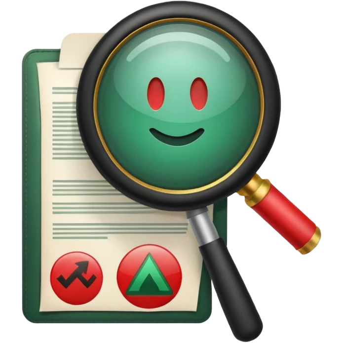 Create a clean emoji-style icon representing “Challenge Review”.Include a document with a red warning symbol, a magnifying glass overlay ,magnifying glass of dark green color and a small refresh arrow. emoji