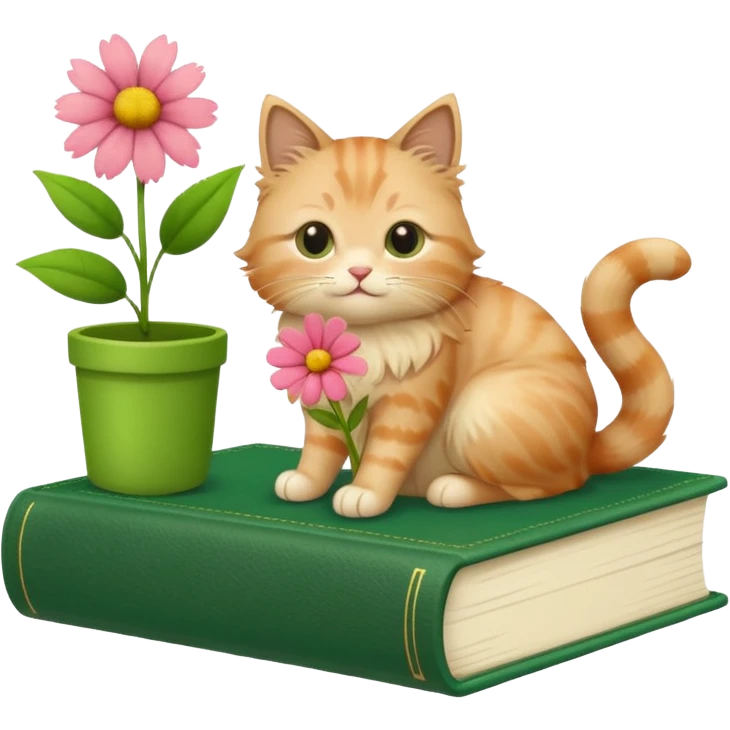 A beige fluffy cat sits on top of a green book + flower emoji