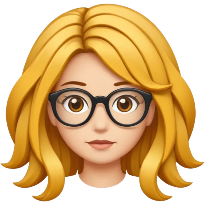 Uma garota de cabelos encaracolados compridos e mechas bem loiras, com pele morena  e óculos emoji