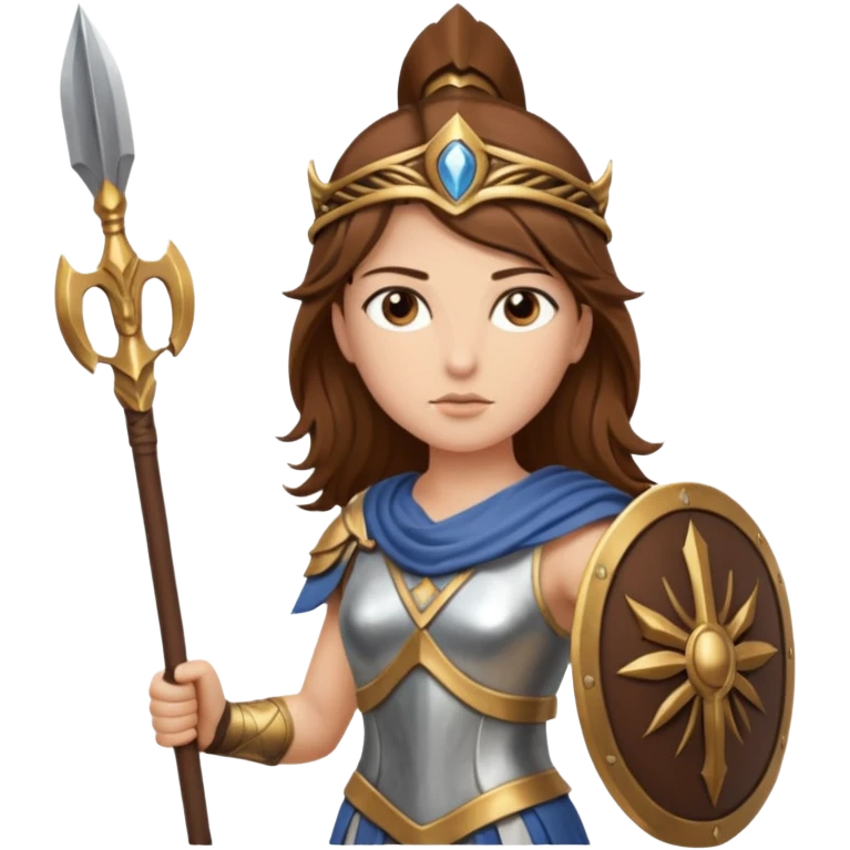 brown haired Athena the Greek goddess of disciplined, strategic warfare, calm, commanding figure leading with intelligence not force. wears light armour carries a spear, symbolising protection precise judgement. strategy, not aggression, embodying clarity, foresight and decisive action. emoji