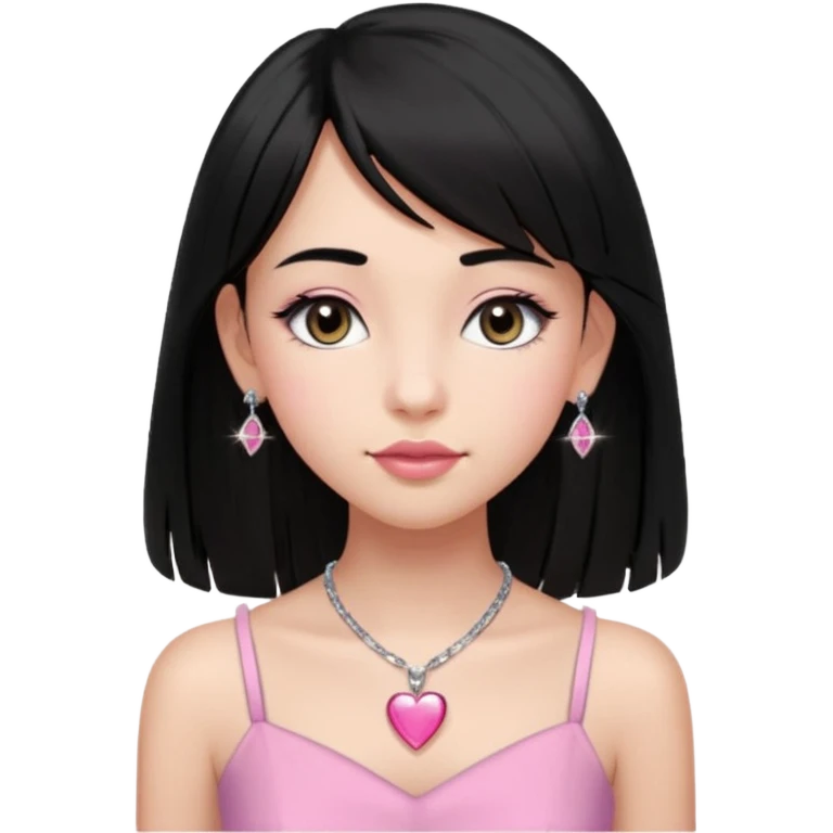 Cabelos pretos longos lisos ,com franja curvada .olhos pretos puxadinho para cima. Cílios longos curvados. Pele clara ,nariz pequeno ,lábios carnudos ,adolescente 16 anos ,vestido rosa de alça, colar de coração prata ,brinco de diamante emoji