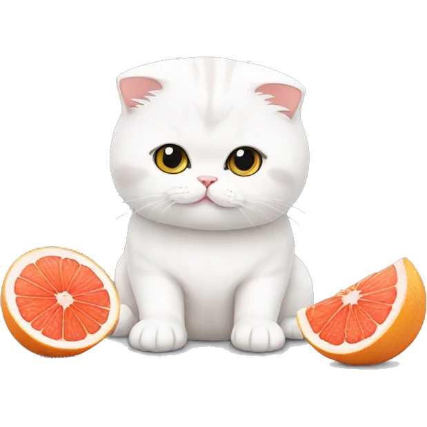 White Scottish fold cat with grapefruit emoji