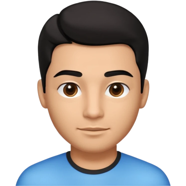 Emoji masculino em estilo 3D / cartoon realista, com pele morena clara, cabelos pretos bem penteados com gel, fios alinhados e com brilho, olhos pretos expressivos, sobrancelhas bem definidas, rosto jovem, expressão simpática e confiante, traços suaves e harmoniosos, sem barba emoji