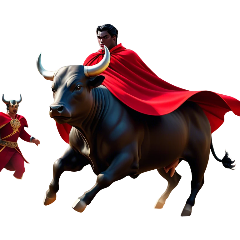 ​Cinematic Realistic black charging bull, against a matador depicted in a flowing red cape, captured in the dramatic moment of confronting a charging bull in a traditional bullring, rendered with dynamic motion and dramatic lighting that encapsulates the intensity and artistry of the spectacle, emoji