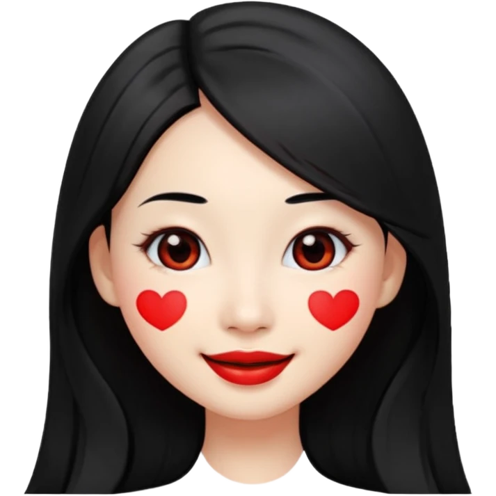 smiling young Chinese woman, long black hair, fair skin, oval face, large black eyes, red lips, emoji style emoji