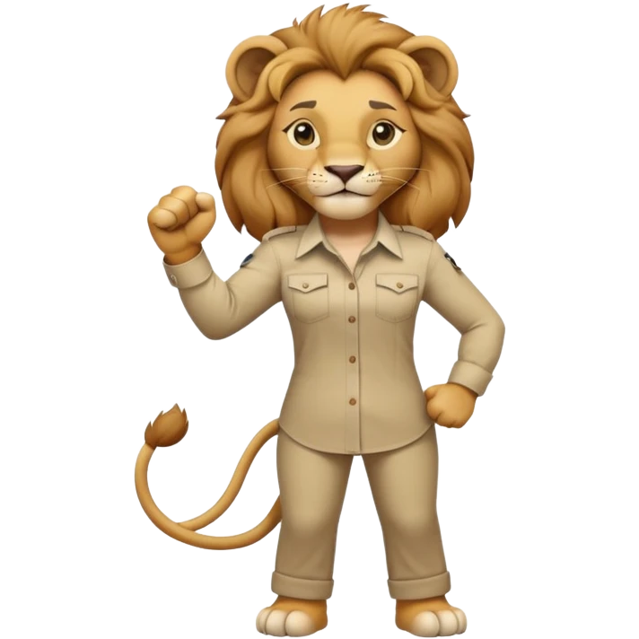 friendly anthropomorphised female lion in a shirt and pants doing a fist pump emoji