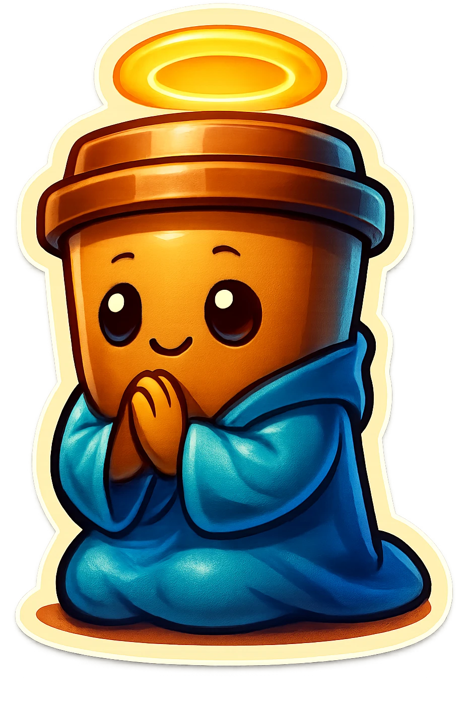 Tall coffee cup, bowing on knees, praying, worship, wearing soft blue monk robes, halo emoji