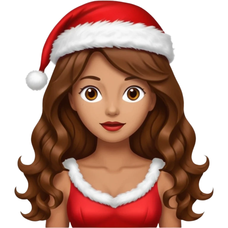 mujer peinandose en la peluqueria y con un gorro de navidad, cabello largo café y ondulado emoji