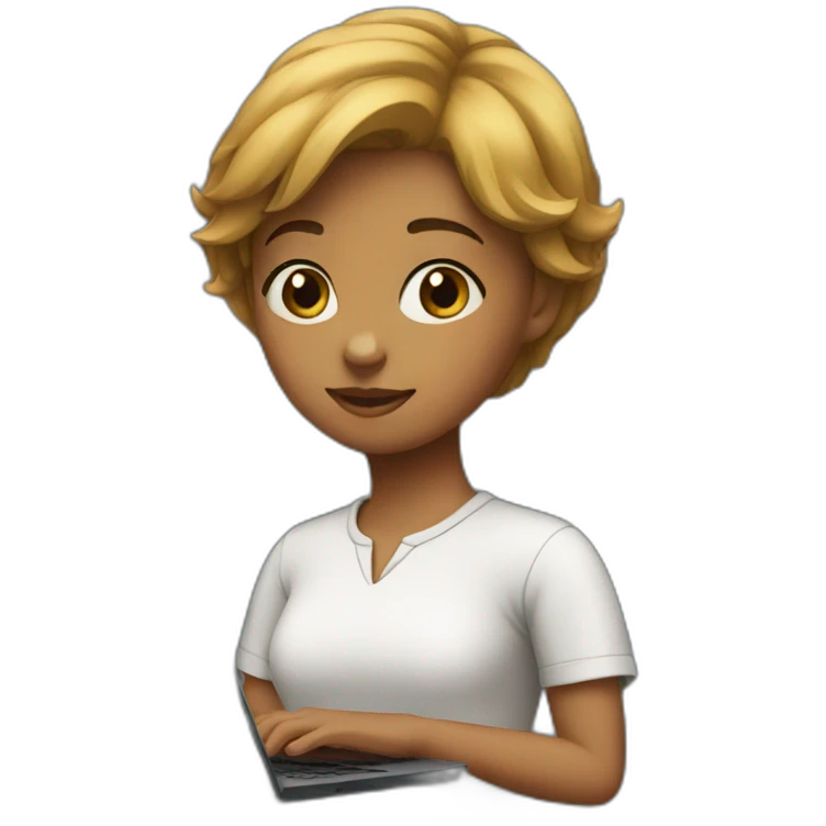 A girl with short hair and a black color carrying a laptop. emoji