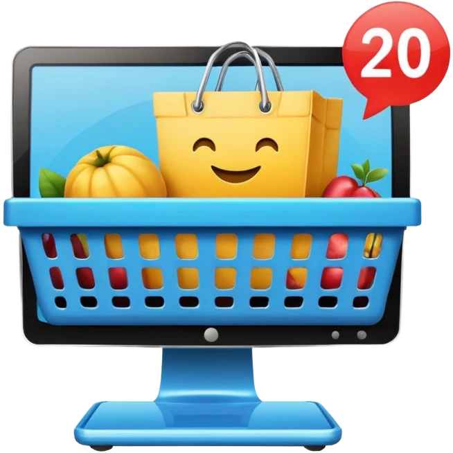desktop monitor with price tag and shopping basket, e-commerce, high fidelity, smooth edges, emoji style emoji