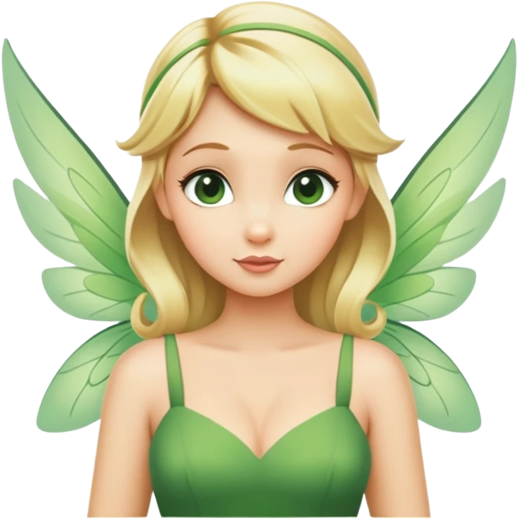 Tinkerbell fairy from hips up, green dress, blonde hair, wings, minimal style, larger size emoji