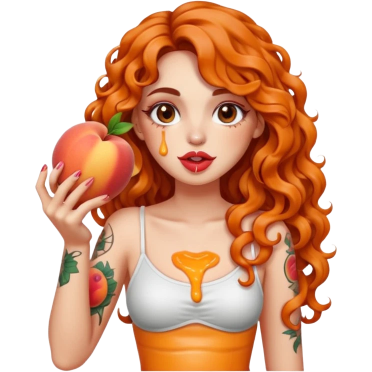 full body woman long curly brown hair brown eyes white skin tattoos holding sliced peach near lips, juice dripping on fingers, playful look emoji