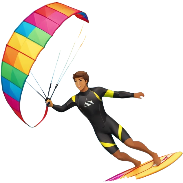 A kite surfer gliding across the ocean, with a colorful kite soaring high in the sky and the surfer carving through the waves. The scene captures the energy and freedom of the sport, with the sun shining and the ocean's waves splashing around. emoji