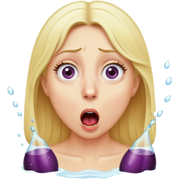 blond woman with wide eyes, eggplant squirting water straight into her mouth, shocked face emoji