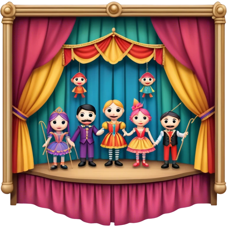 IIcon for Puppet Theater: a puppet stage with colorful marionettes, strings, and theatrical curtains. The icon should capture the whimsical and playful nature of puppet theater, with a focus on the characters and craftsmanship. Transparent background. emoji