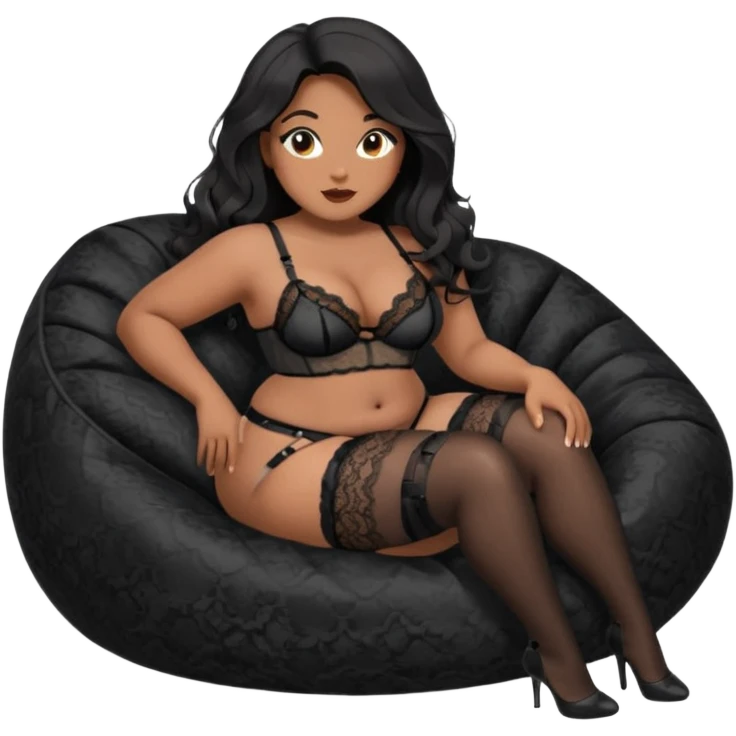 Curvy woman with brown skin with long wavy black hair, dark brown eyes. She's wearing a black lace lingerie, black lace thong, black stockings and suspender belt, she's sat on a big dark grey bean bag chair, she has her legs open emoji