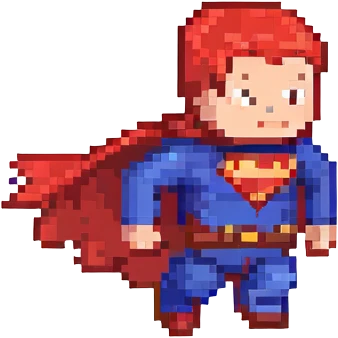 Superman small and blocky, red cape and blue suit, mid-flight, pixel art style emoji