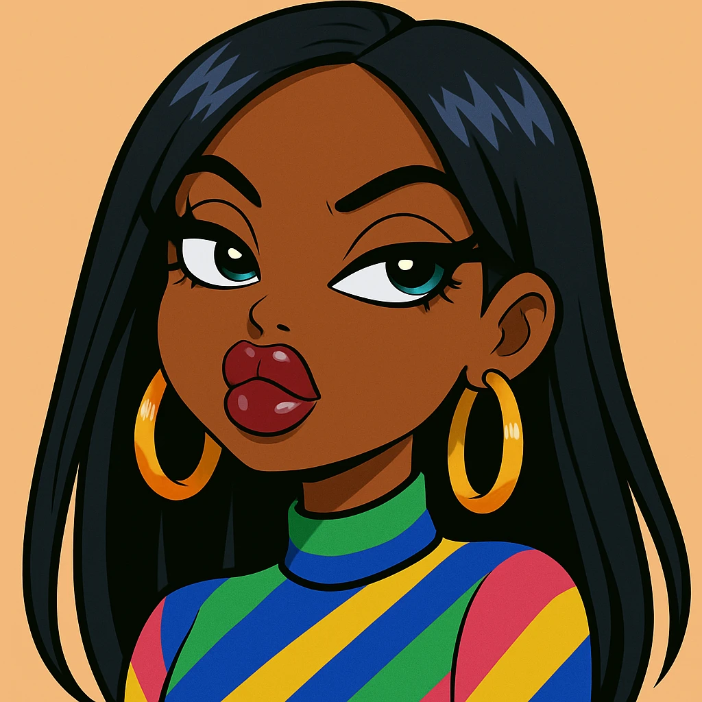 Headshot only of a 20-year-old anime Bratz style woman with dark skin and straight hair, wearing a bold colorful fashion-forward look. She has big expressive eyes, glossy lips, no hat, no tears, and a confident, aloof expression with a snooty attitude and her nose turned up. emoji