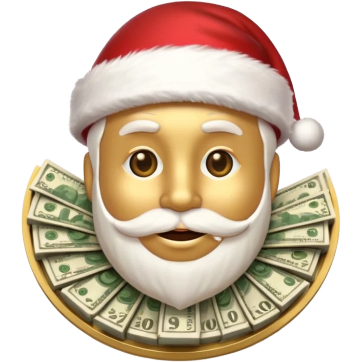 A confident rich emoji face wearing a Santa hat, money stacks, casino vibe, New Year theme, premium 3D emoji style, sharp details, no text, isolated on transparent background emoji