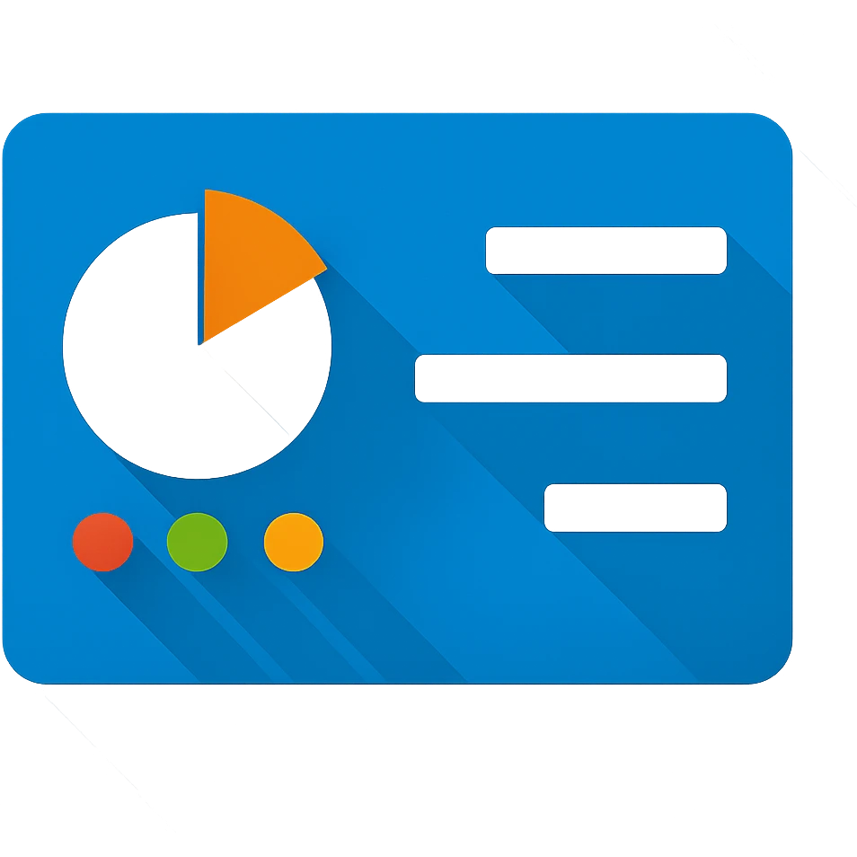 Re-create a control panel icon in a flat modern Windows icon style with a long shadow effect. The icon is a blue rounded rectangle with a white pie chart and an orange slice, three colored dots (red, green, yellow) below, and two white horizontal lines on the right. Transparent background. emoji