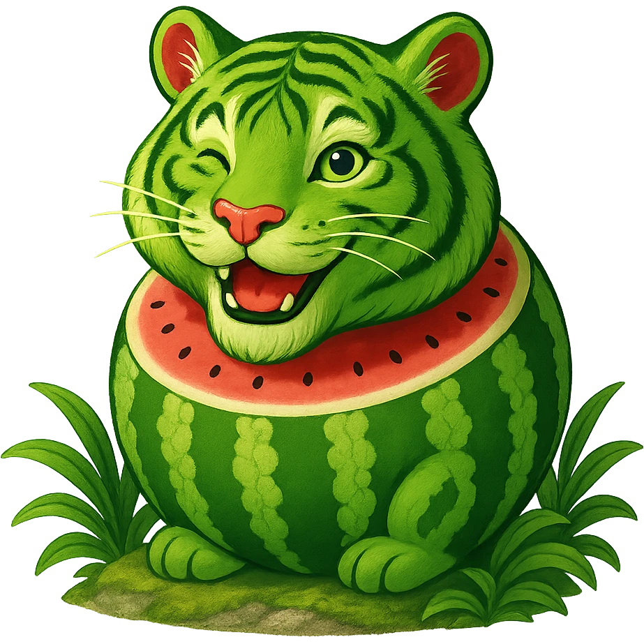 Edit the watermelon tiger character to have a winking playful expression. Keep the transparent background. emoji
