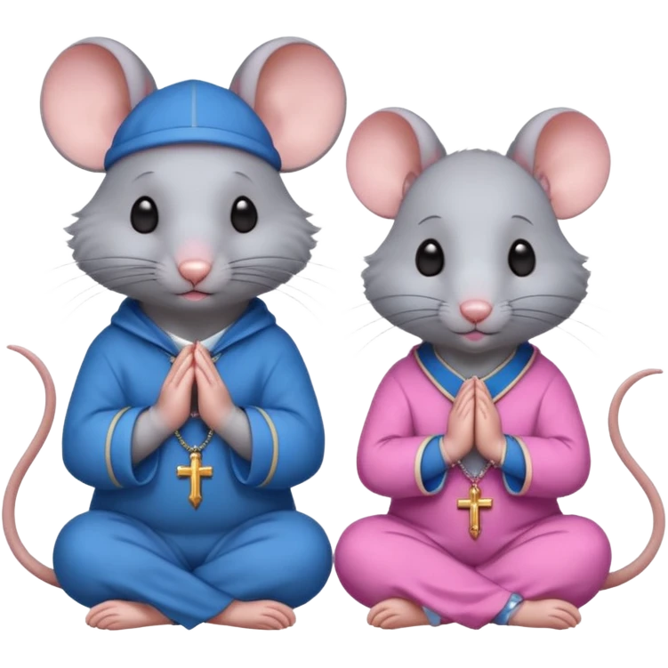 A male rat wearing blue and a female rat wearing pink sitting together praying the holy rosary with a rosary each emoji