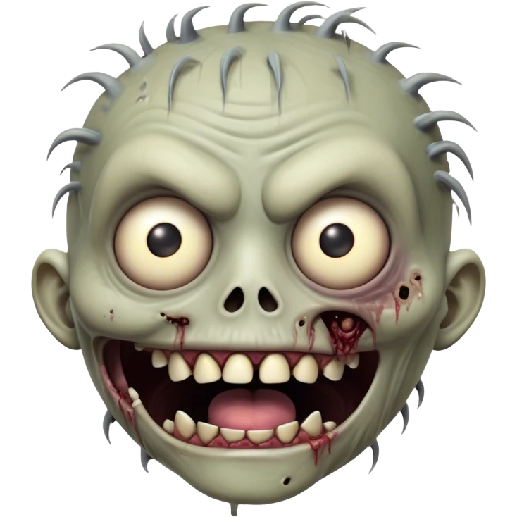 Cinematic Comical Zombie Portrait Emoji, with a grotesquely exaggerated yet playful decaying face in muted ashen tones, head cocked in a dramatically shocked expression with wildly comical, googly eyes and a gaping, silly grin revealing quirky stitches, simplified yet hilariously expressive, highly detailed with a soft eerie glowing outline capturing the absurd humor of a zombie in comic disbelief! emoji
