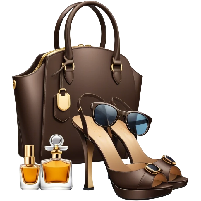 A photorealistic icon featuring stylish fashion accessories like high heels, a designer handbag, sunglasses, and a perfume bottle, arranged elegantly. Soft, luxurious colors with detailed textures and lighting that convey beauty and style. Transparent background, symbolizing fashion and beauty. emoji