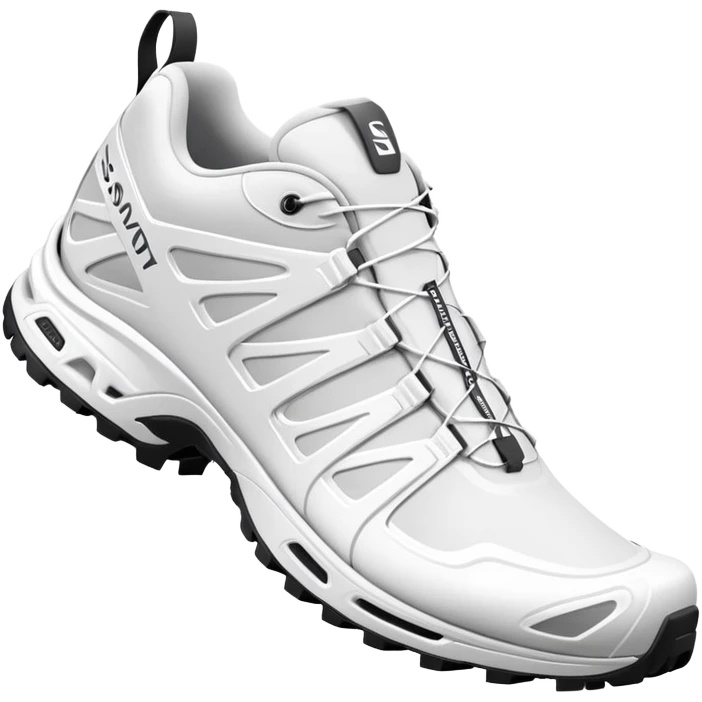 Bare minimum stylized white Salomon XT-6 sneakers in pure iOS emoji style, extremely clean lines, simplified shapes, one shoe behind the other, flat white design emoji