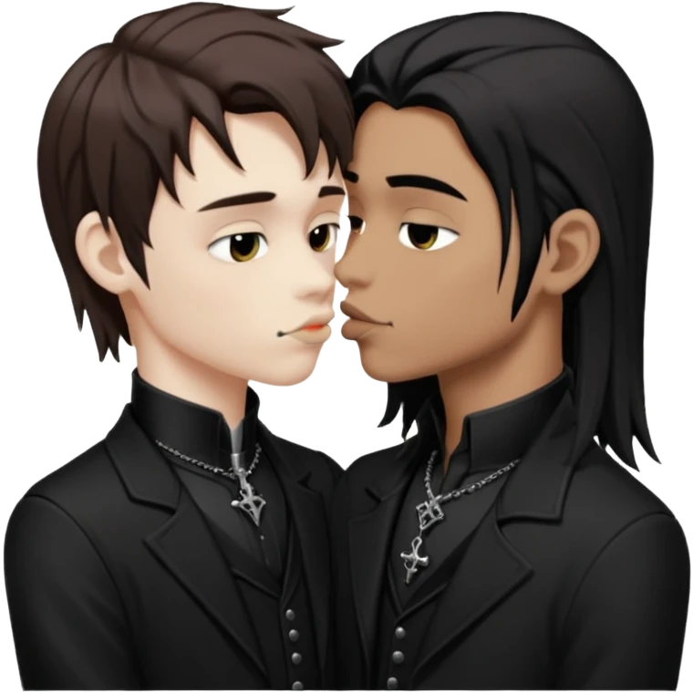 Goth Boys, one goth boy pale with brown hair the other a goth boy tan with long black hair, kissing emoji