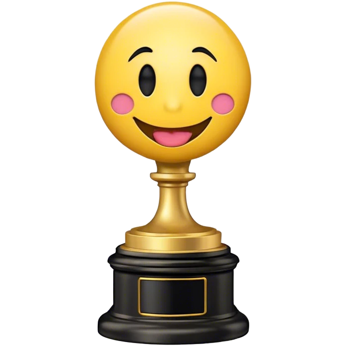 An Oscar statuette with a black base and a smiling round emoji face for the head, with its tongue sticking out. The emoji face should have no rosy cheeks. emoji