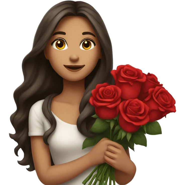 girl with beautiful long hair brunette in her hands a huge bouquet of red roses emoji