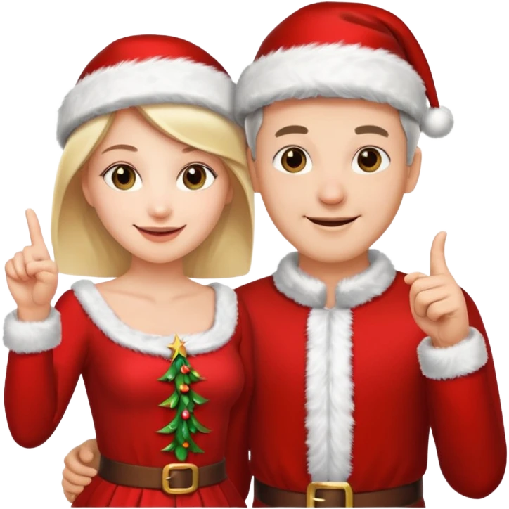 Adult couple wearing Xmas outfit pointing at you emoji