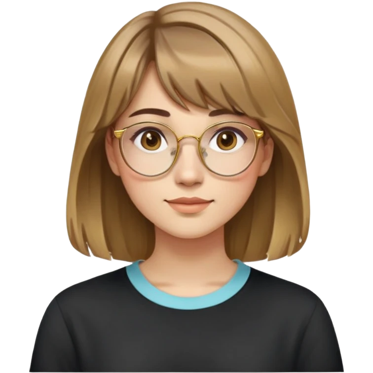 young adult woman with light skin, friendly and serene expression, round face with prominent cheeks, light brown hair with golden highlights, voluminous and straight with slight waves, long bangs over eyebrows, large octagonal glasses with thin golden or light pink frame, casual dark shirt emoji