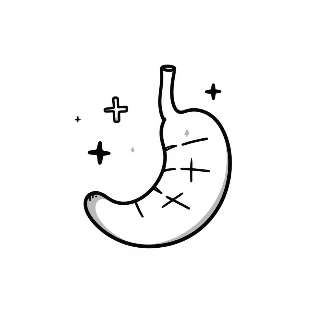 Hand-drawn stomach organ being mended with stitches and healing symbols emoji