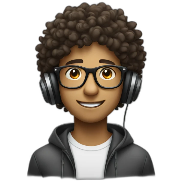 a boy with curly hair and glasses enjoying the music he is listening to emoji