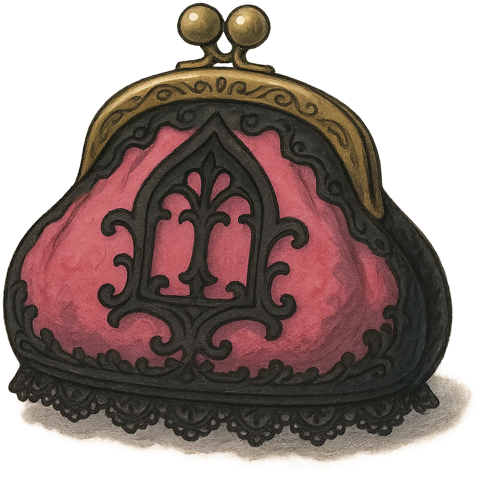 pink and black gothic coin purse, ornate details, lace, elegant, whimsical, soft lighting emoji