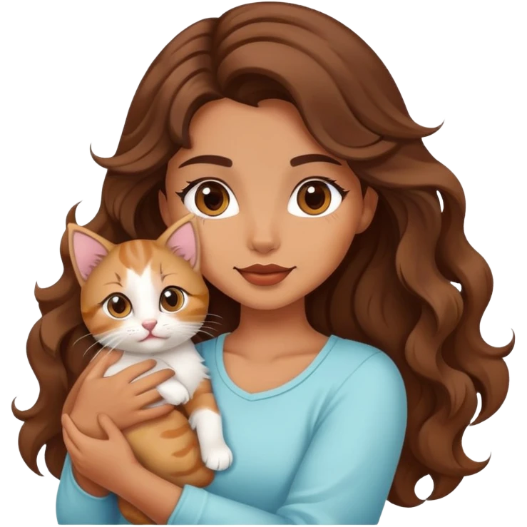 A beautiful girl with big brown waves was holding a  kitten emoji