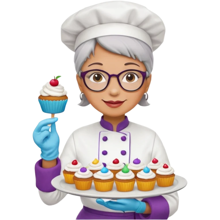 Older female pastry chef – round glasses, oven mitts on, holding a tray of cupcakes

 emoji