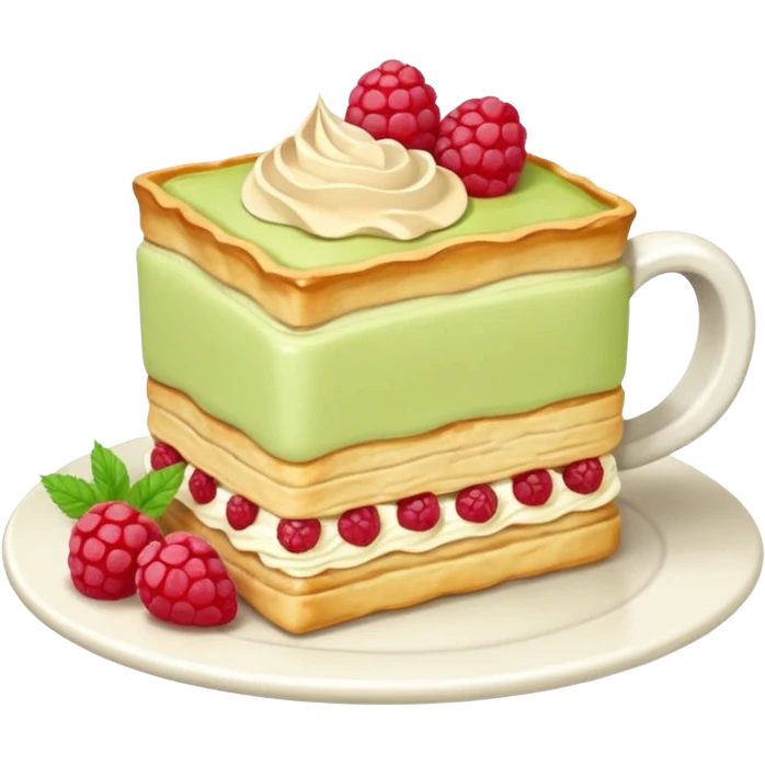 rectangular puff pastry tart, golden brown flaky with visible pastry layers. add on top piped rows of pale green cream custard and red raspberries arranged in a line. with a latte on the side in a white mug emoji