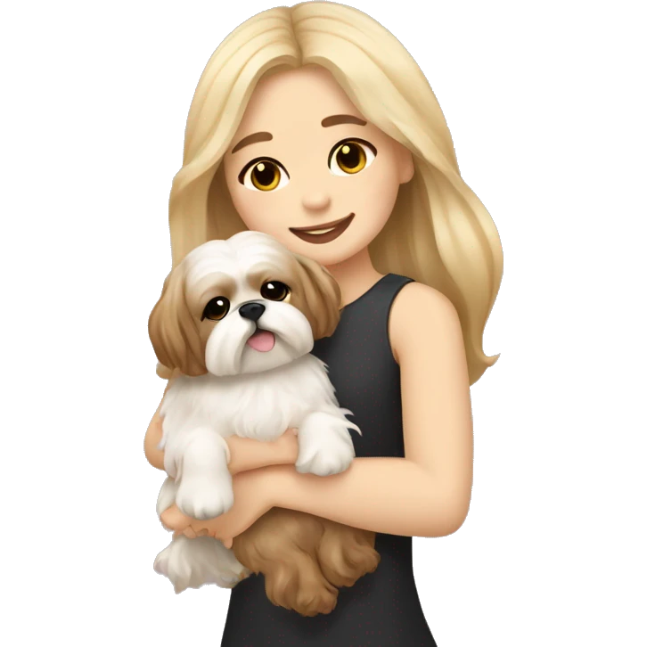 human girl with long wavy brown hair hugging a blonde cream colored shih tzu girl with bow emoji