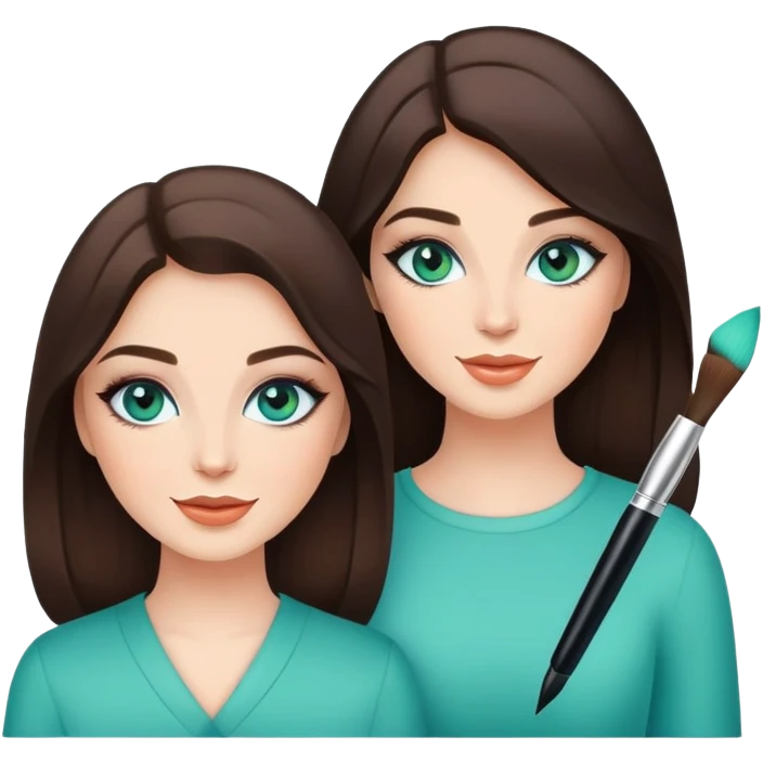 Happy sisters, brunettes, bluegreen eyes, makeup, stylish emoji